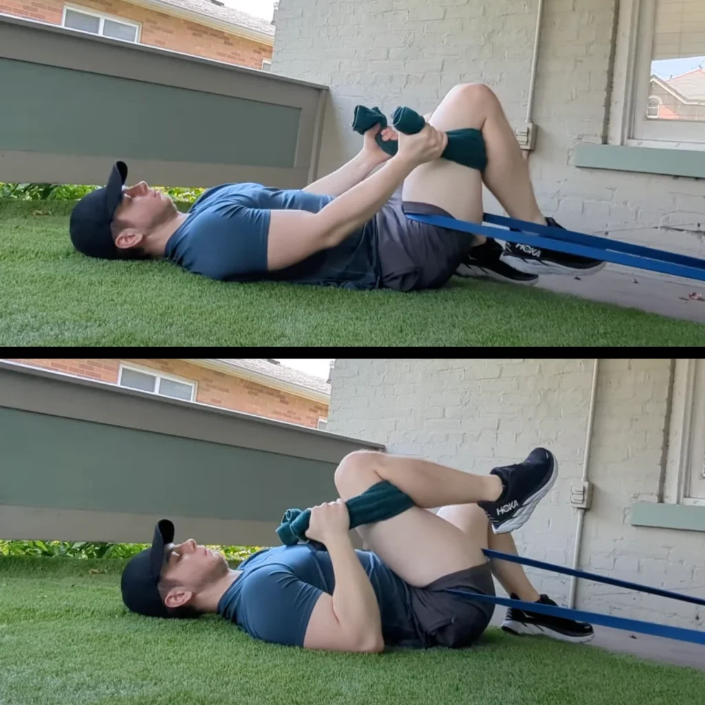 person performing hip flexion mobilization with movement